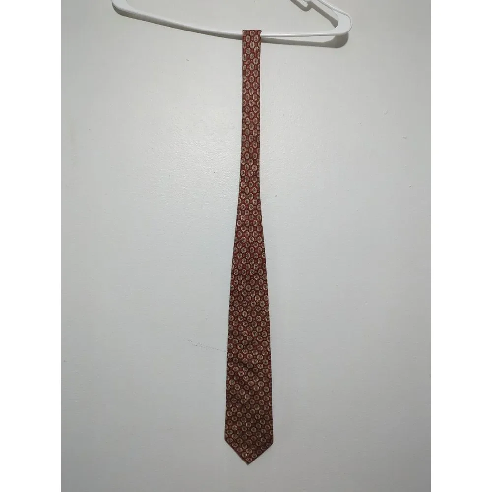 Lands End Mens Silk Tie Red Gold Geometric Medallion Hand‎ Sewn Made in USA